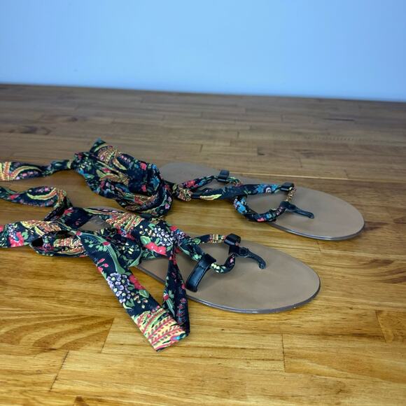 J. Crew Wrap Around Floral Ribbon Lace Up Flat Sandals Size 9 - Picture 2 of 6